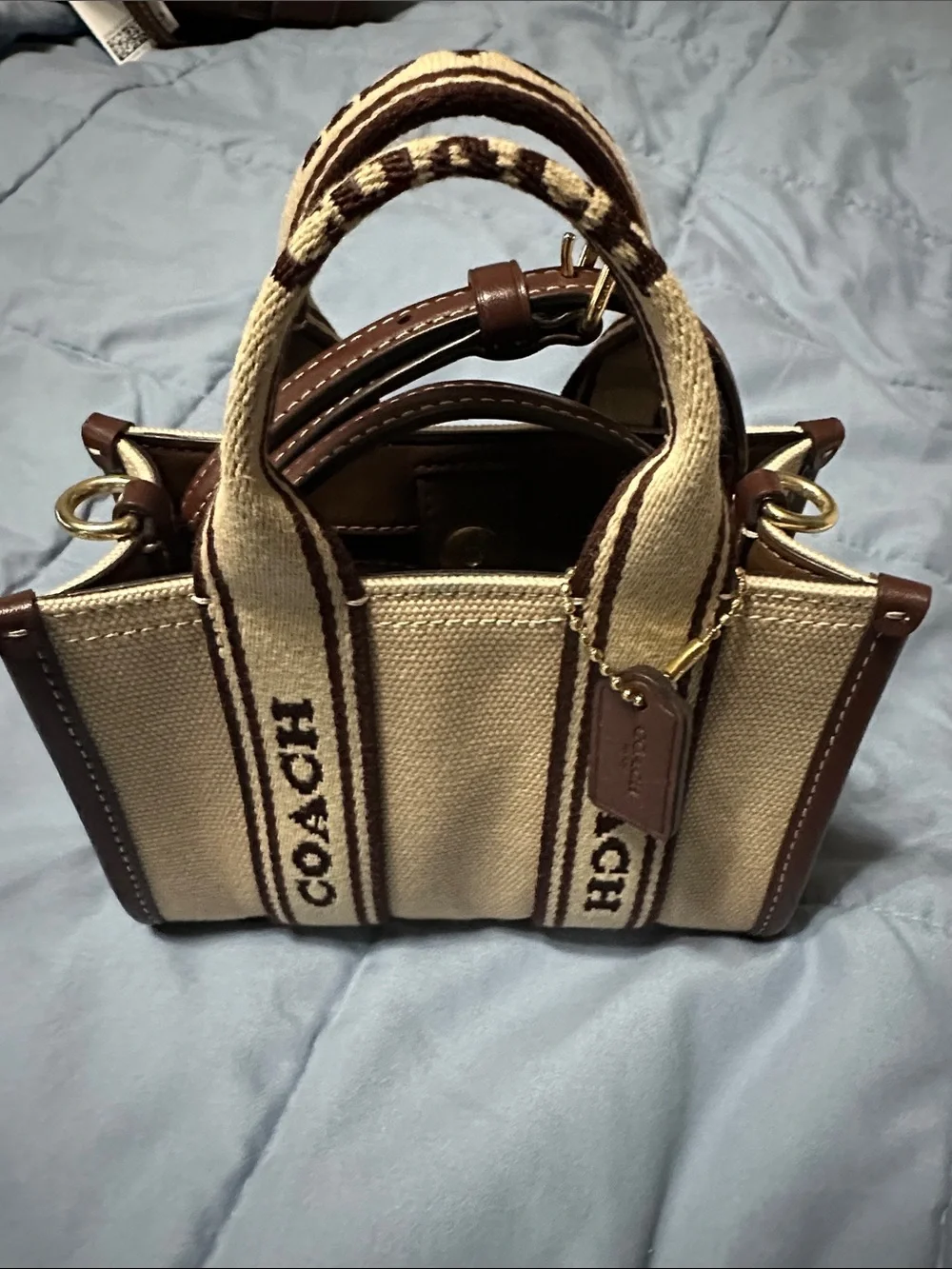 COACH Beige Canvas Mini Tote with Brown Leather Trim Authentic